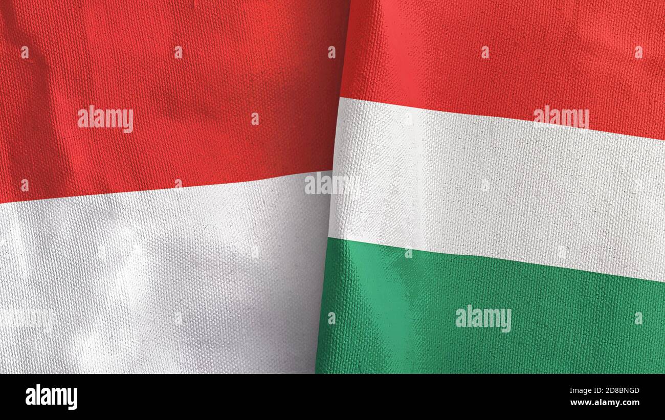 Ungarn und Indonesien zwei Flaggen Textil-Tuch 3D-Rendering Stockfoto