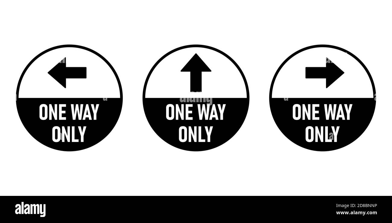 Satz von Sticker-Symbol für runde Bodenmarkierung nur in eine Richtung mit Richtungspfeil und Text. Vektorbild. Stock Vektor