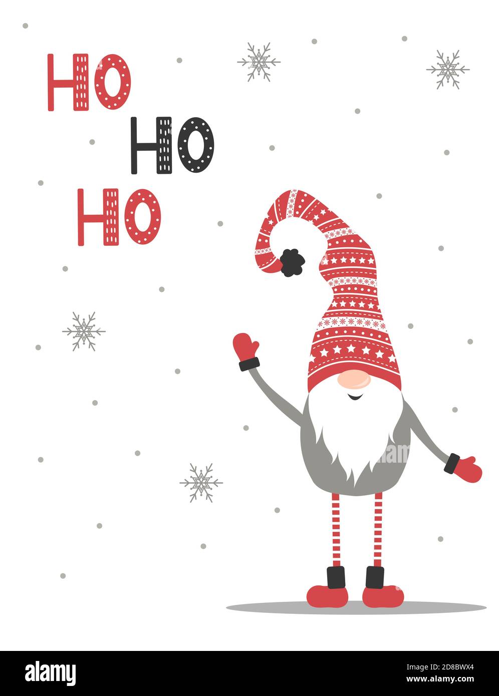 Ho-Ho-Ho Weihnachtskarte. Süßer schwedischer Gnome in rotem weihnachtsmütze. Stock Vektor