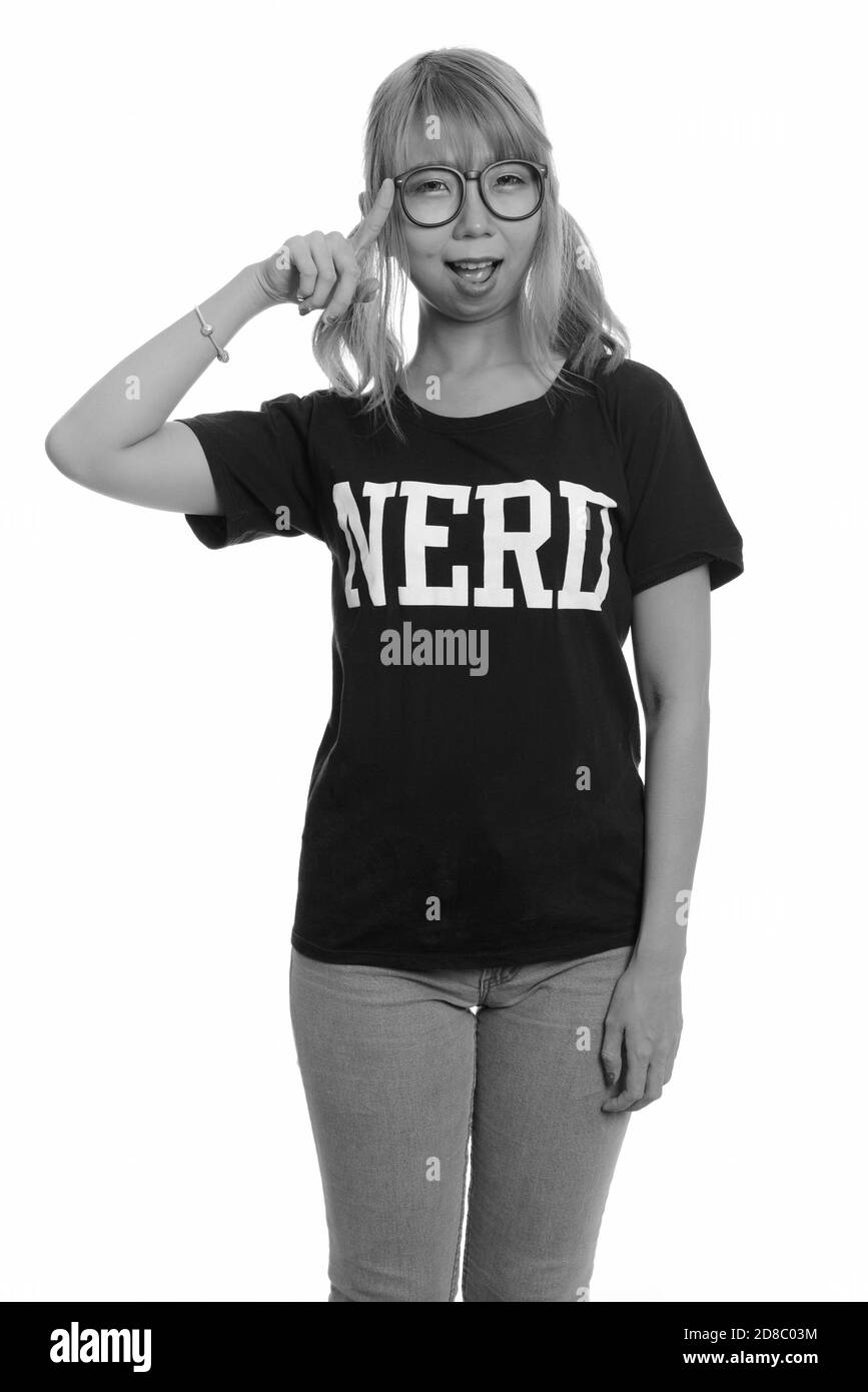 Junge Asiatische nerd Glücklich lächelnde Frau und Denken Stockfoto