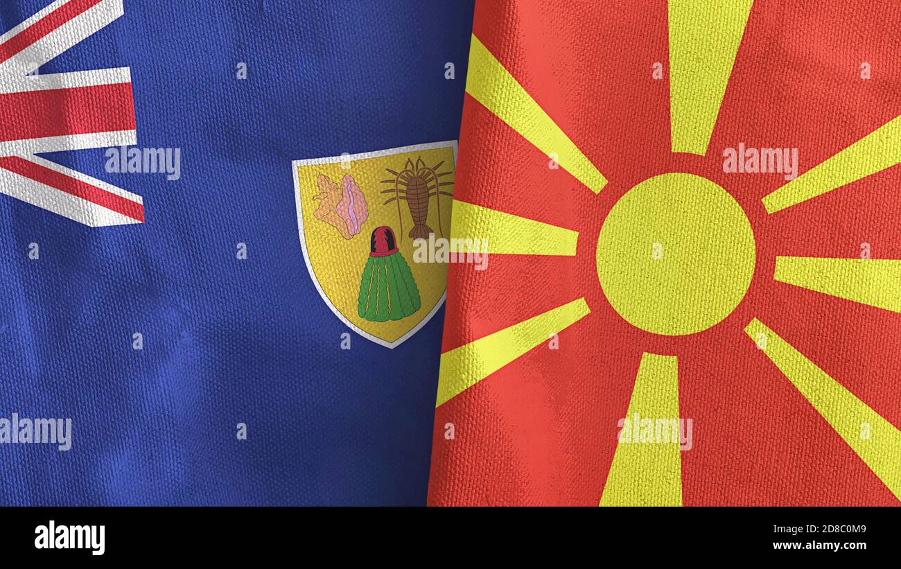 Nordmakedonien und Türken und Caicos Inseln zwei Flaggen Tuch 3D-Rendering Stockfoto