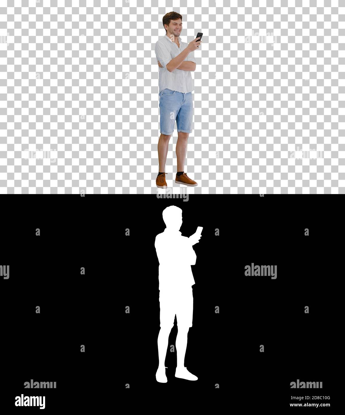 Schöner junger Mann mit seinem Smartphone und lachend, Alpha Chan Stockfoto