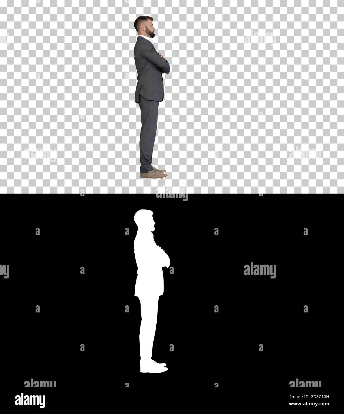 Selbstbewusster Geschäftsmann mit Bart und Mustaschen im Anzug stehend mit gefalteten Händen, Alpha Channel mit Silhouette Stockfoto
