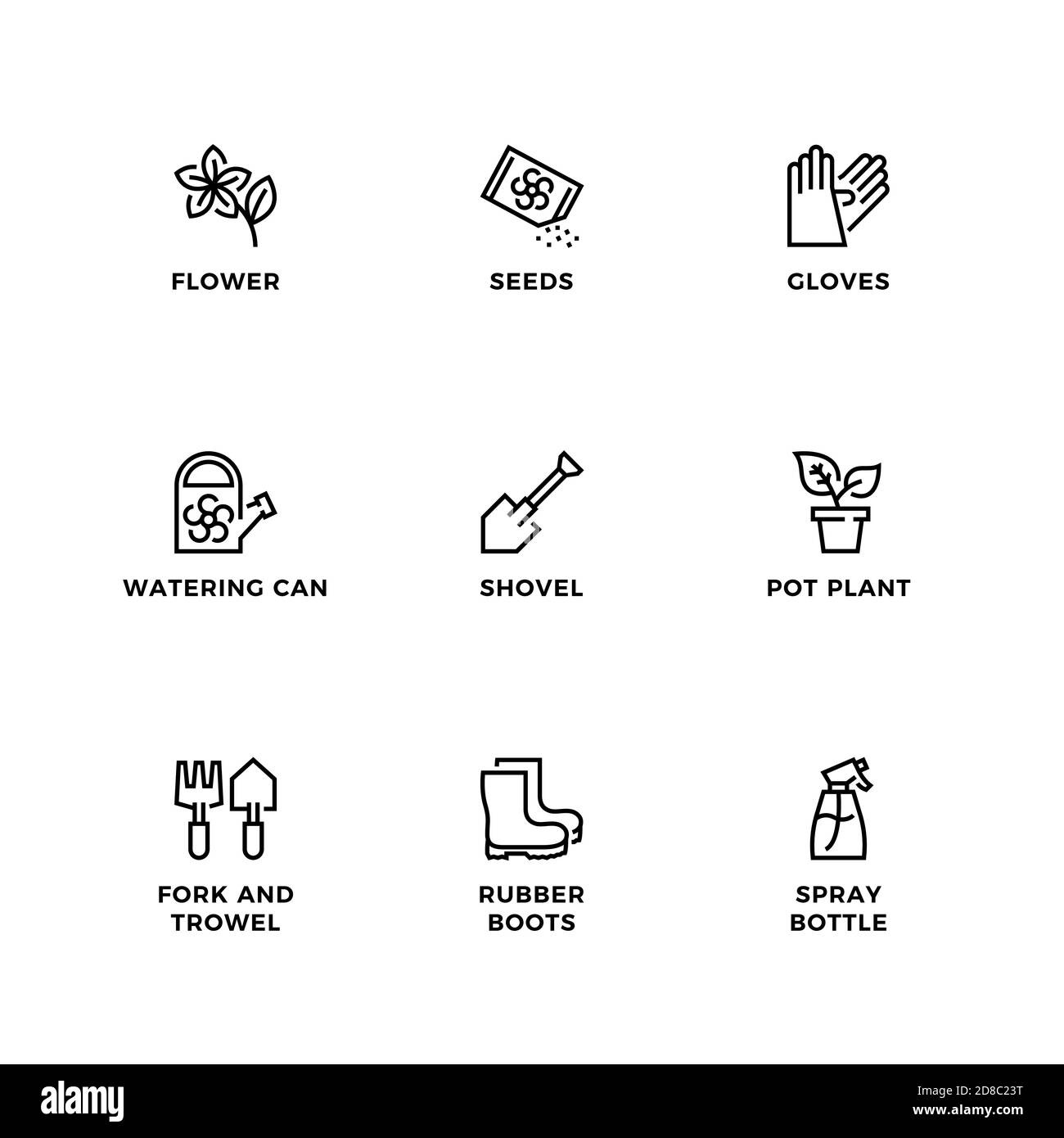 Vektor-Set von Design-Elementen, Logo-Design-Vorlage, Symbole und Abzeichen für den Garten. Liniensymbole gesetzt, bearbeitbare Kontur. Stock Vektor