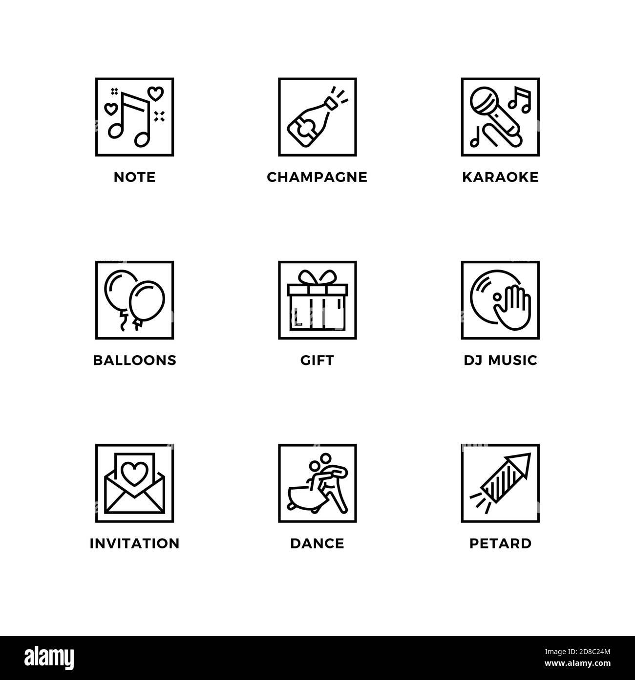 Vektor-Set von Design-Elementen, Logo Design-Vorlage, Symbole und Abzeichen für Party. Liniensymbole gesetzt, bearbeitbare Kontur. Stock Vektor