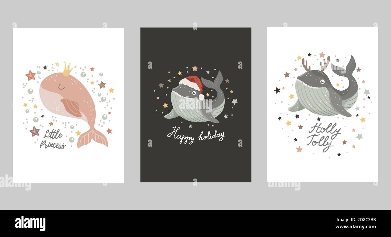 Set von isolierten weihnachtskarten mit Baby Wal mit Krone, in weihnachtsmütze und in Hirschgeweih. Vektorgrafik Stock Vektor