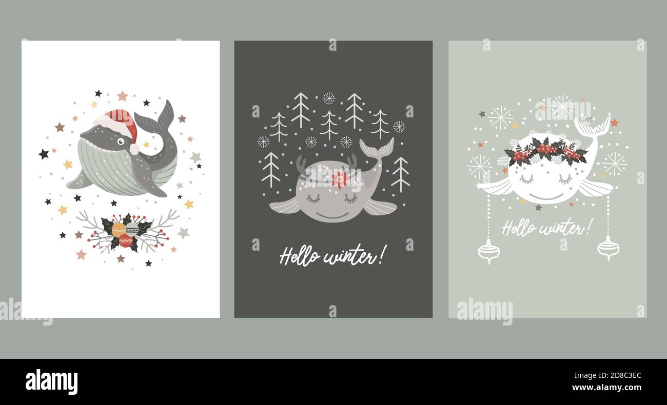 Set von isolierten weihnachtskarten mit Wal Baby in weihnachtsmütze, in Kranz von Winterstrauß und mit Hirschgeweih. Vektorgrafik Stock Vektor