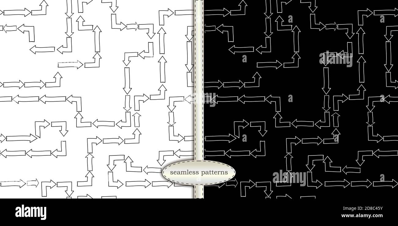 Labyrinth Labyrinth Labyrinth von Pfeilen, Satz von endlosen nahtlose Muster von Hand gezeichneten Pfeil-Elemente in Skizze Doodle kindish Stil. Für die Verpackung Design Papier Stoff Textil, trendy minimalistischen Hintergrund Stock Vektor