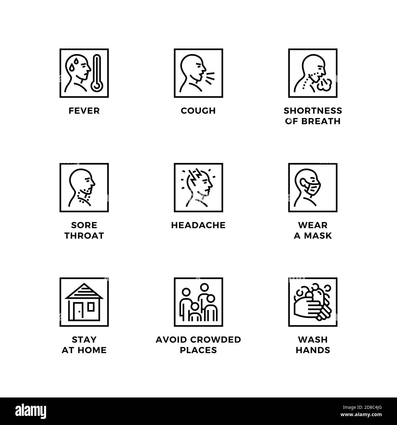 Vektor-Set von Design-Elementen, Logo-Design-Vorlage, Symbole und Abzeichen für covid Symptome. Liniensymbole gesetzt, bearbeitbare Kontur. Stock Vektor