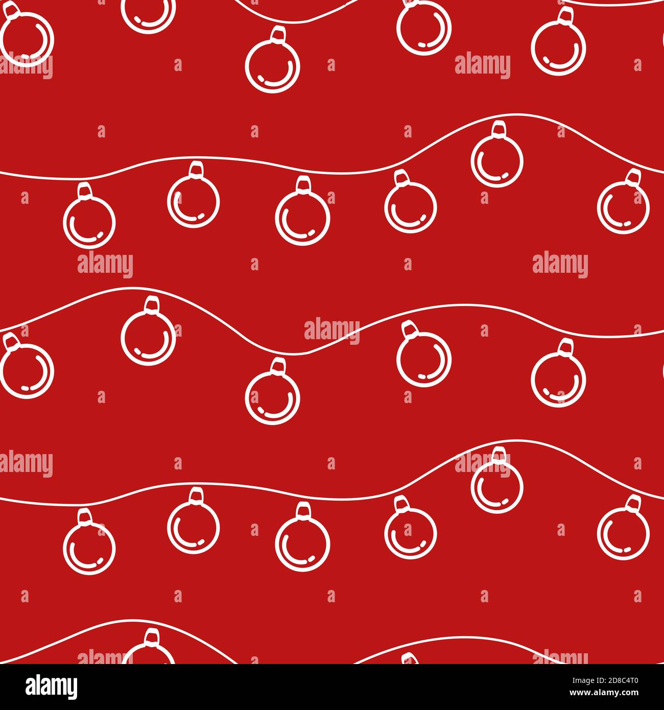Nahtlose Muster von weihnachten Girlanden von Glühbirnen. Roter Hintergrund und weiße Girlanden mit runden Glühbirnen. Vektordarstellung für die Gestaltung von Neujahrsverpackungen, Stoffen, Bannern. Stock Vektor