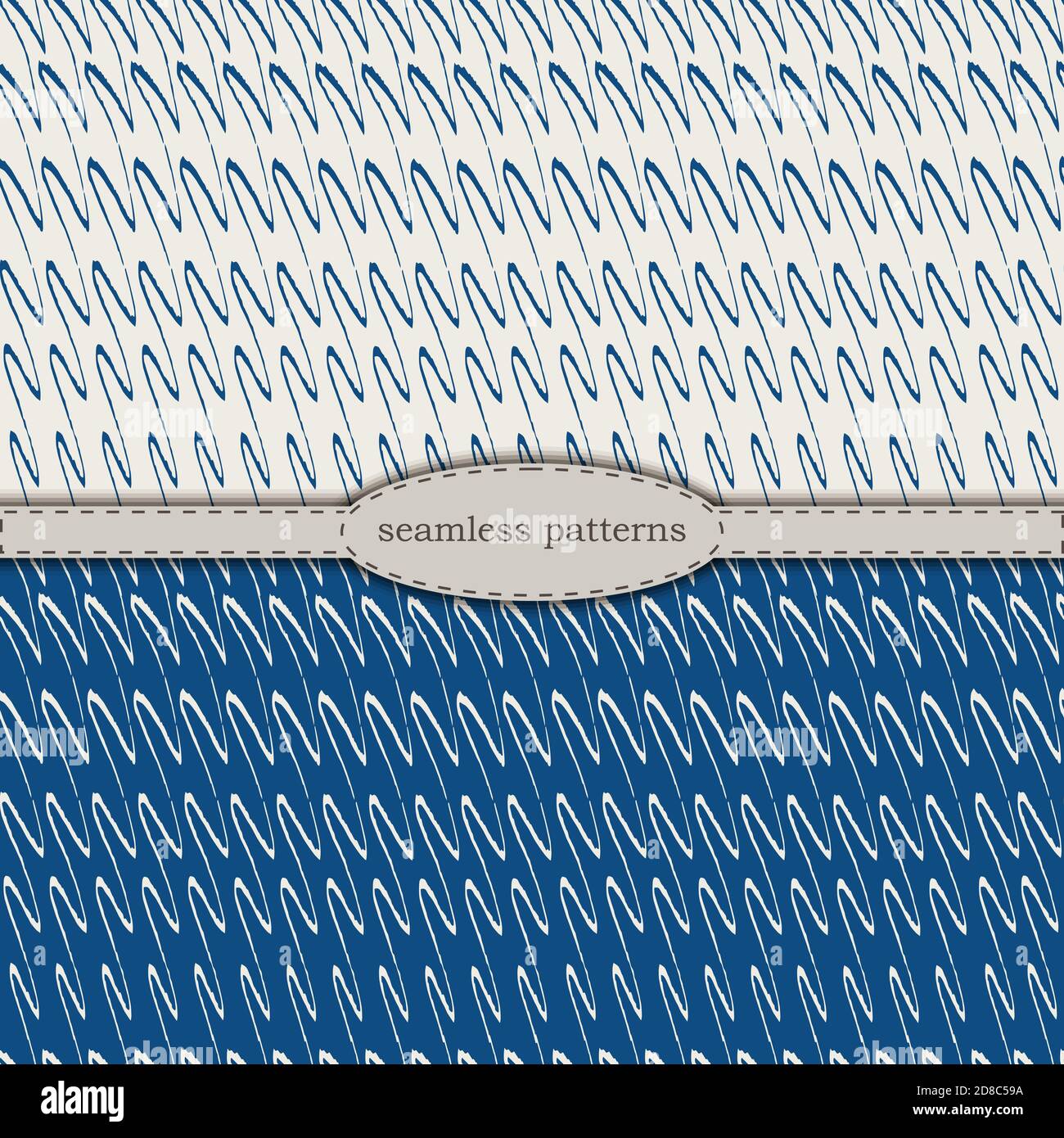Handgezeichnete nahtlose Muster in vereinfachtem skandinavischen Minimalismus Stil. Klassische blaue pantone 2020 und beige bicolor. Stock handgezeichneten Vektor für den Druck auf Stoff, Textil, Tapete, Verpackung. Stock Vektor