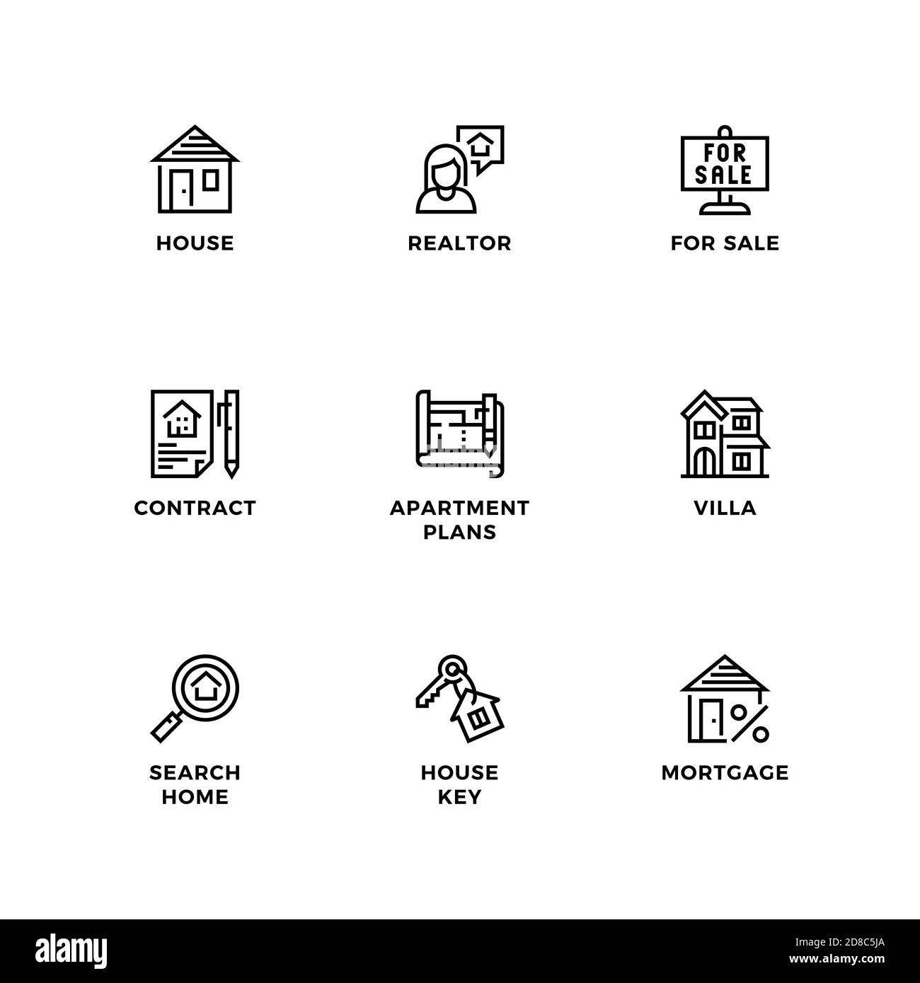 Vektor-Set von Design-Elementen, Logo-Design-Vorlage, Symbole und Abzeichen für Immobilien. Liniensymbole gesetzt, bearbeitbare Kontur. Stock Vektor