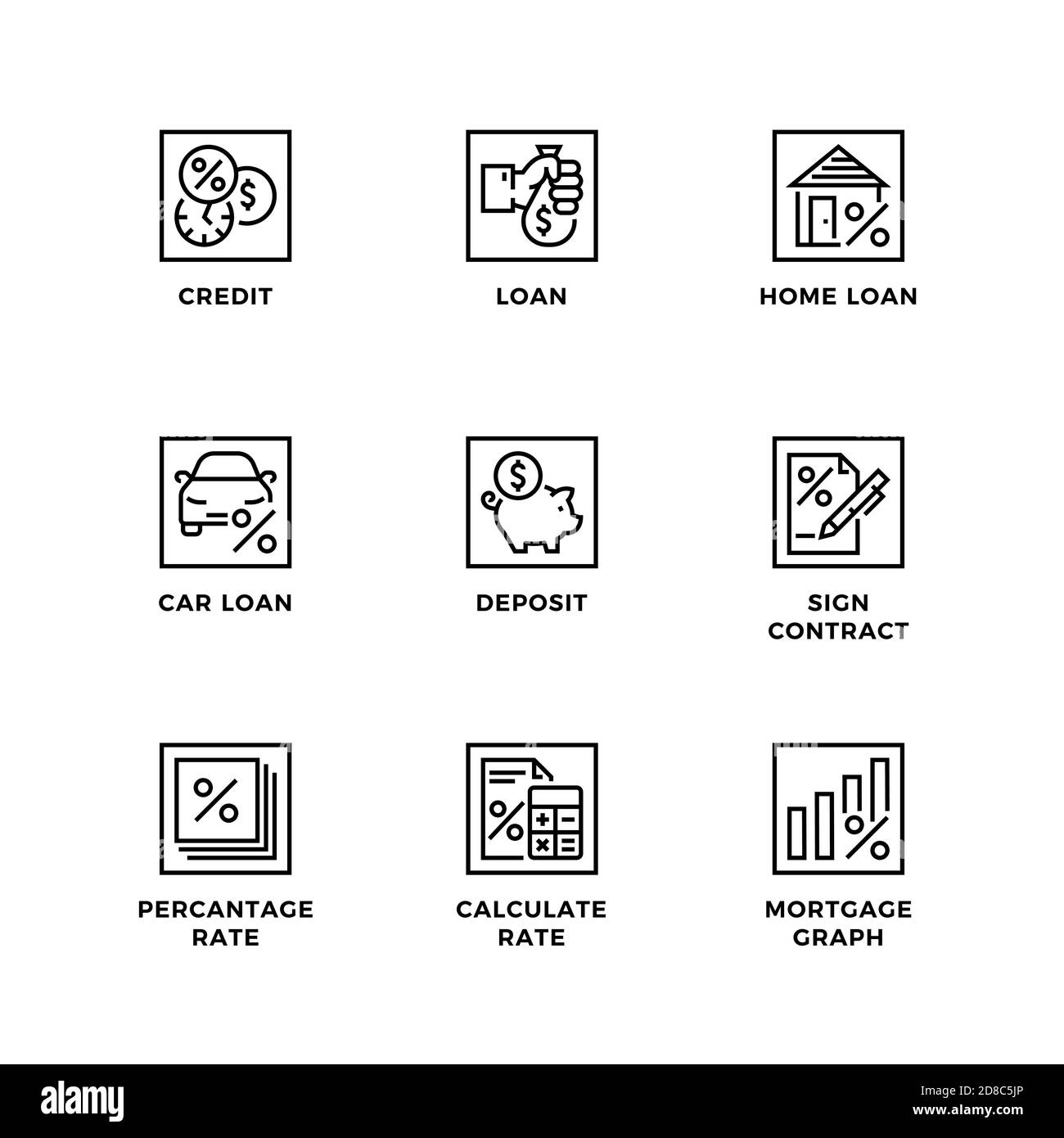 Vektor-Set von Design-Elementen, Logo-Design-Vorlage, Symbole und Abzeichen für Kredit-und Darlehen. Liniensymbole gesetzt, bearbeitbare Kontur. Stock Vektor