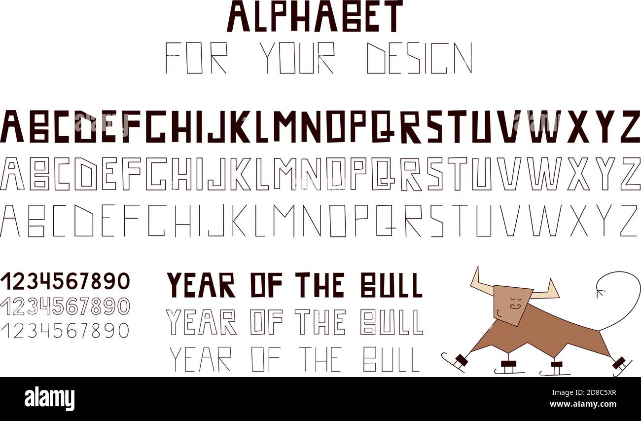 Kreative Schriftart für das New Year 2021 Design. Jahr des Stiers, Ochsen, Kuh. Chinesisches Neujahr. Modernes Alphabet, Schrift isoliert auf weißem Hintergrund Stock Vektor