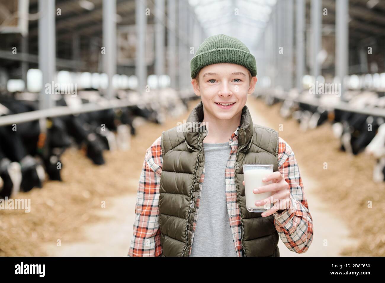 Portrait von fröhlichen Bauernjunge in Hut und Weste trinken Frische Milch  nach dem Melken der Kuh im Kuhstall Stockfotografie - Alamy