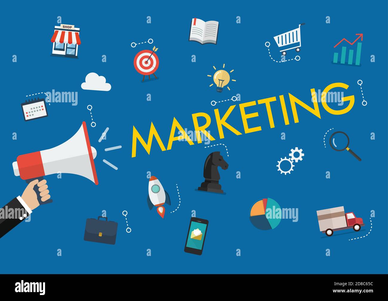 Hand hält Megaphon mit Marketing Wort und Symbole. Vektordarstellung für Geschäftskonzeptuelle Stock Vektor