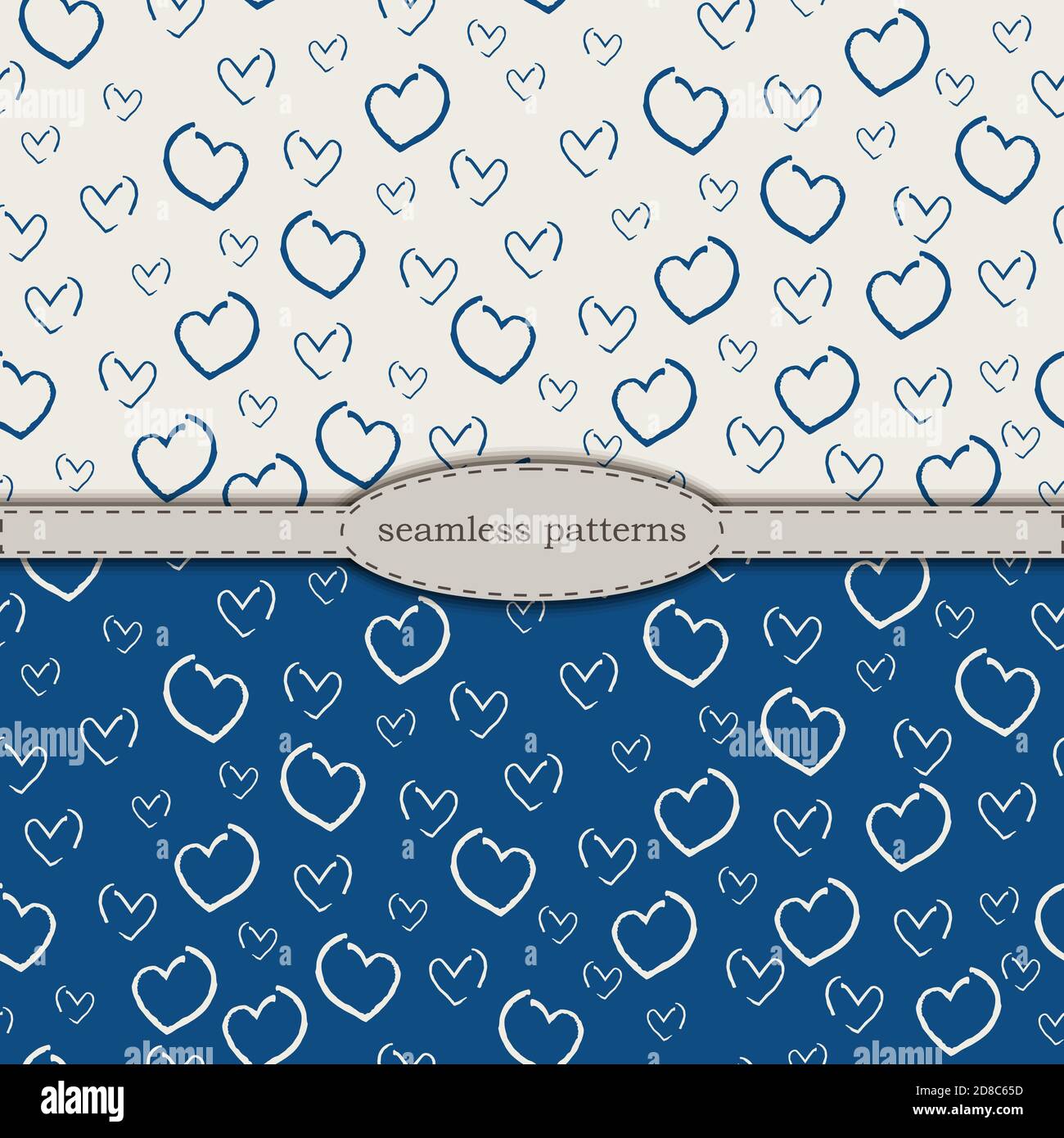Handgezeichnete nahtlose Muster in vereinfachtem skandinavischen Minimalismus Stil. Klassische blaue pantone 2020 und beige bicolor. Stock handgezeichneten Vektor für den Druck auf Stoff, Textil, Tapete, Verpackung. Stock Vektor