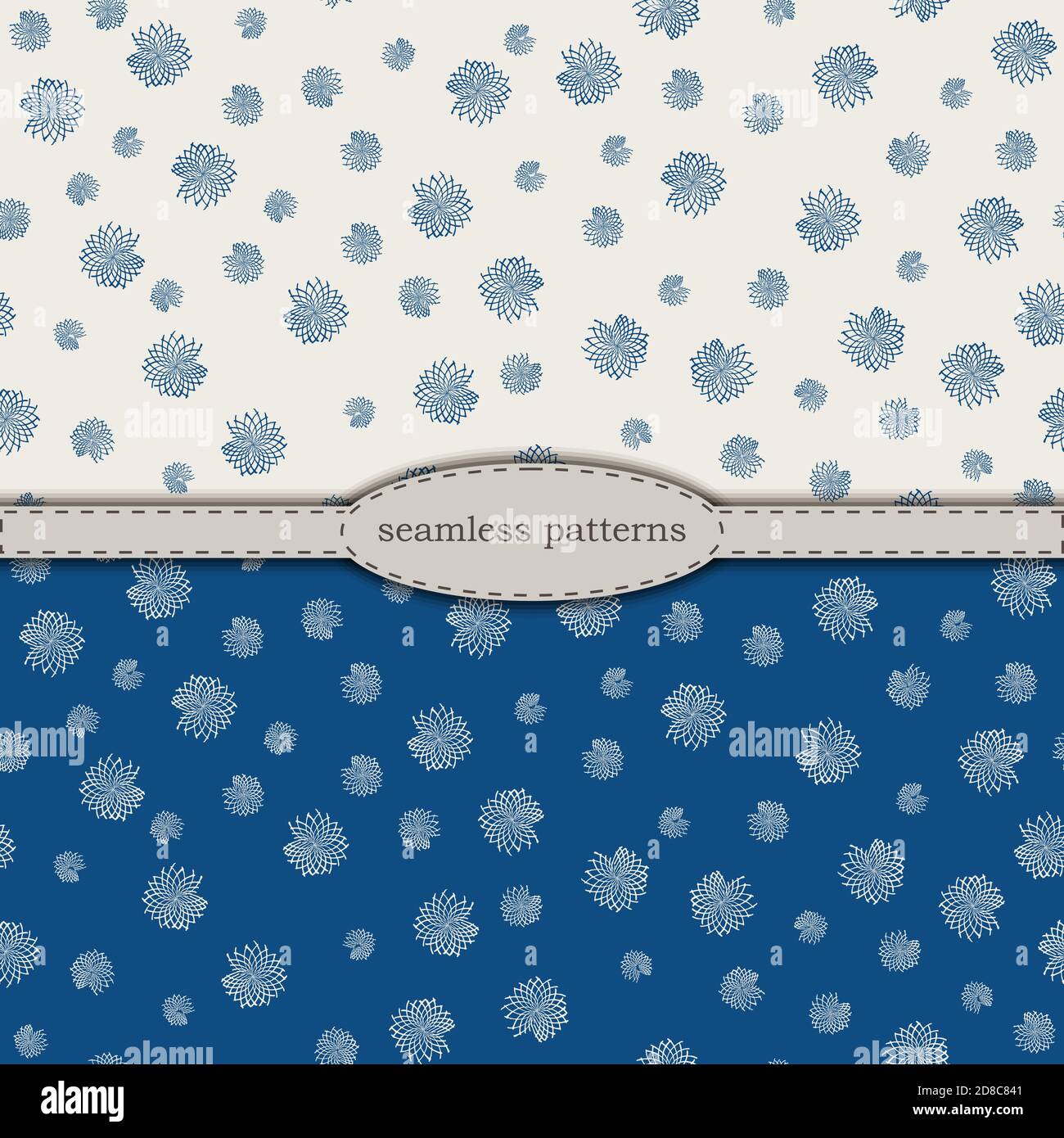 Handgezeichnete nahtlose Muster in vereinfachtem skandinavischen Minimalismus Stil. Klassische blaue pantone 2020 und beige bicolor. Stock handgezeichneten Vektor für den Druck auf Stoff, Textil, Tapete, Verpackung. Stock Vektor