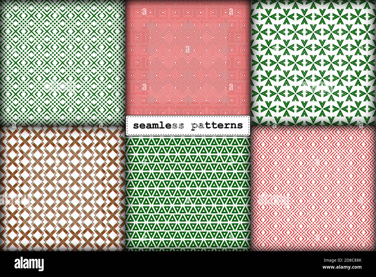 Weihnachtliche nahtlose Muster Satz von einfachen geometrischen Elementen in traditionellen festlichen Neujahr rot grün Farbpalette. Endlose Illustration für die Verpackung Verpackung Geschenkkarten Geschenkkartons Stock Vektor