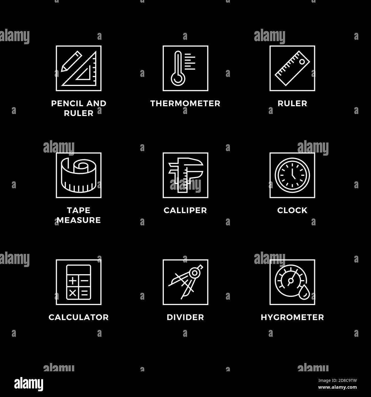 Vektor-Set von Design-Elementen, Logo-Design-Vorlage, Symbole und Abzeichen für die Messung. Liniensymbole gesetzt, bearbeitbare Kontur. Stock Vektor