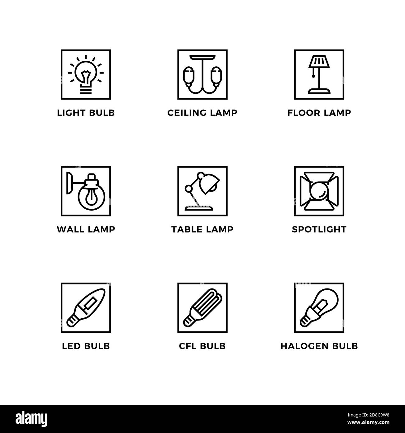 Vektor-Set von Design-Elementen, Logo-Design-Vorlage, Symbole und Abzeichen für Lichter. Liniensymbole gesetzt, bearbeitbare Kontur. Stock Vektor