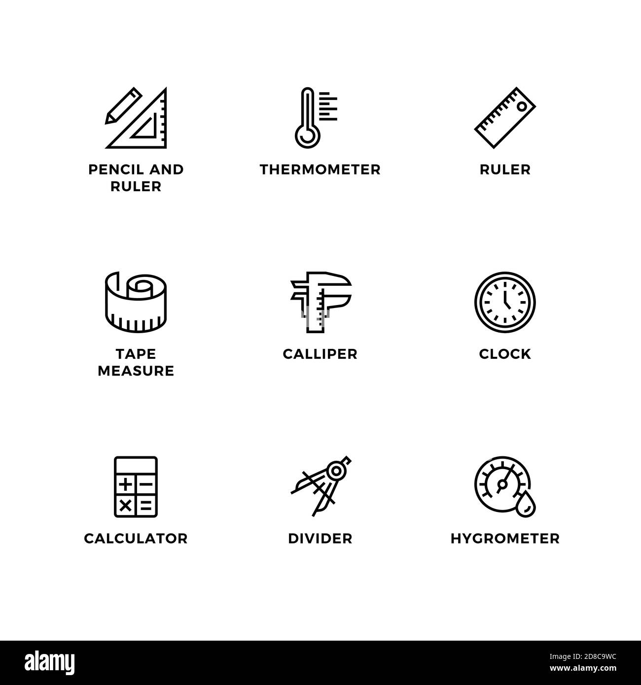 Vektor-Set von Design-Elementen, Logo-Design-Vorlage, Symbole und Abzeichen für die Messung. Liniensymbole gesetzt, bearbeitbare Kontur. Stock Vektor