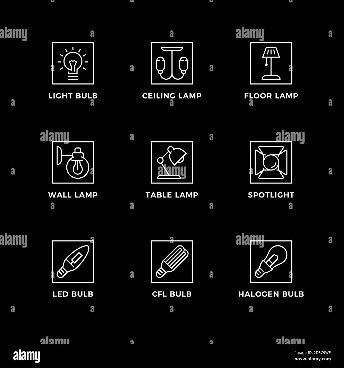 Vektor-Set von Design-Elementen, Logo-Design-Vorlage, Symbole und Abzeichen für Lichter. Liniensymbole gesetzt, bearbeitbare Kontur. Stock Vektor