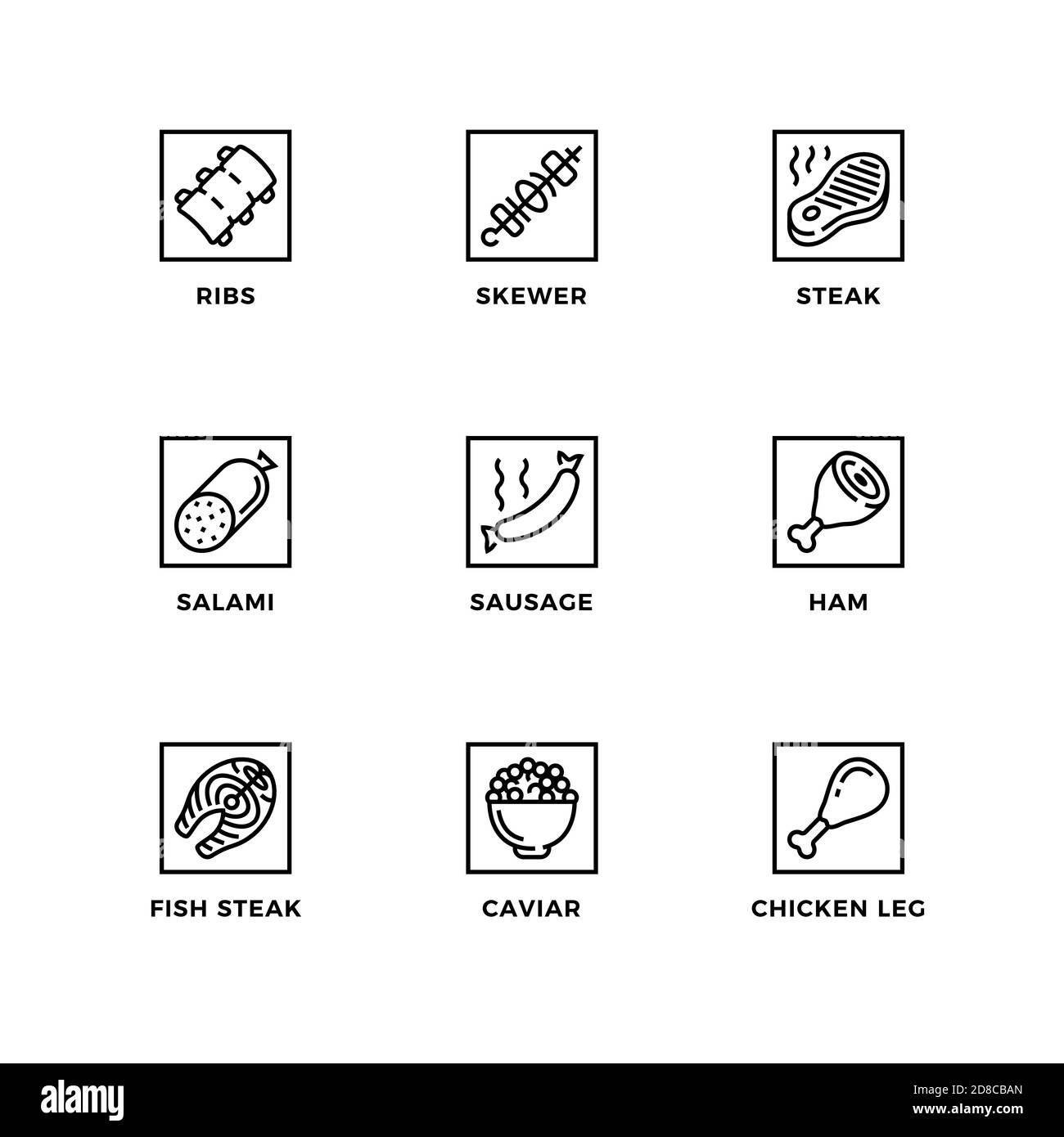 Vektor-Set von Design-Elementen, Logo-Design-Vorlage, Icons und Abzeichen für Fleisch. Liniensymbole gesetzt, bearbeitbare Kontur. Stock Vektor