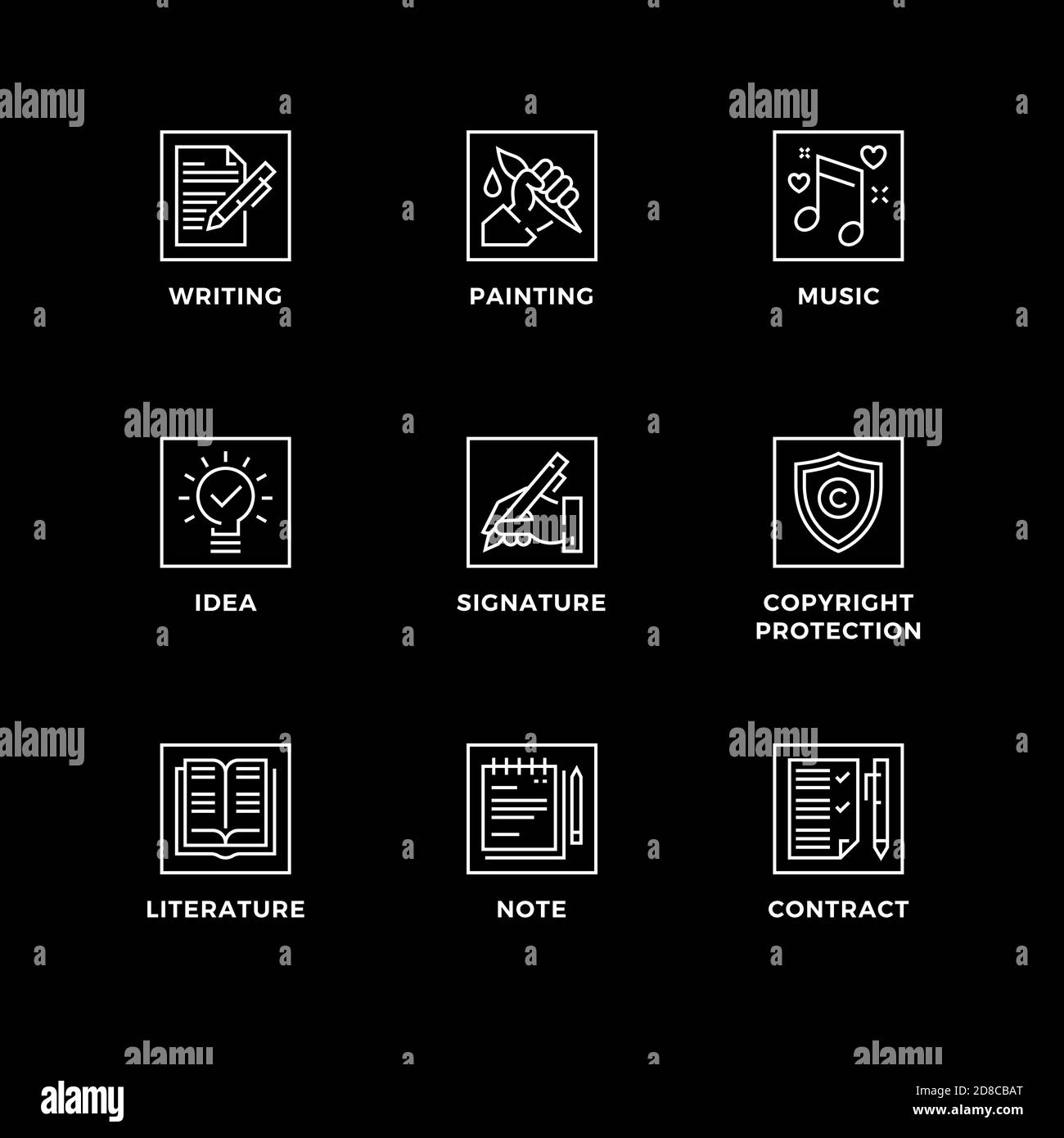 Vektor-Set von Design-Elementen, Logo-Design-Vorlage, Symbole und Abzeichen für das Urheberrecht. Liniensymbole gesetzt, bearbeitbare Kontur. Stock Vektor
