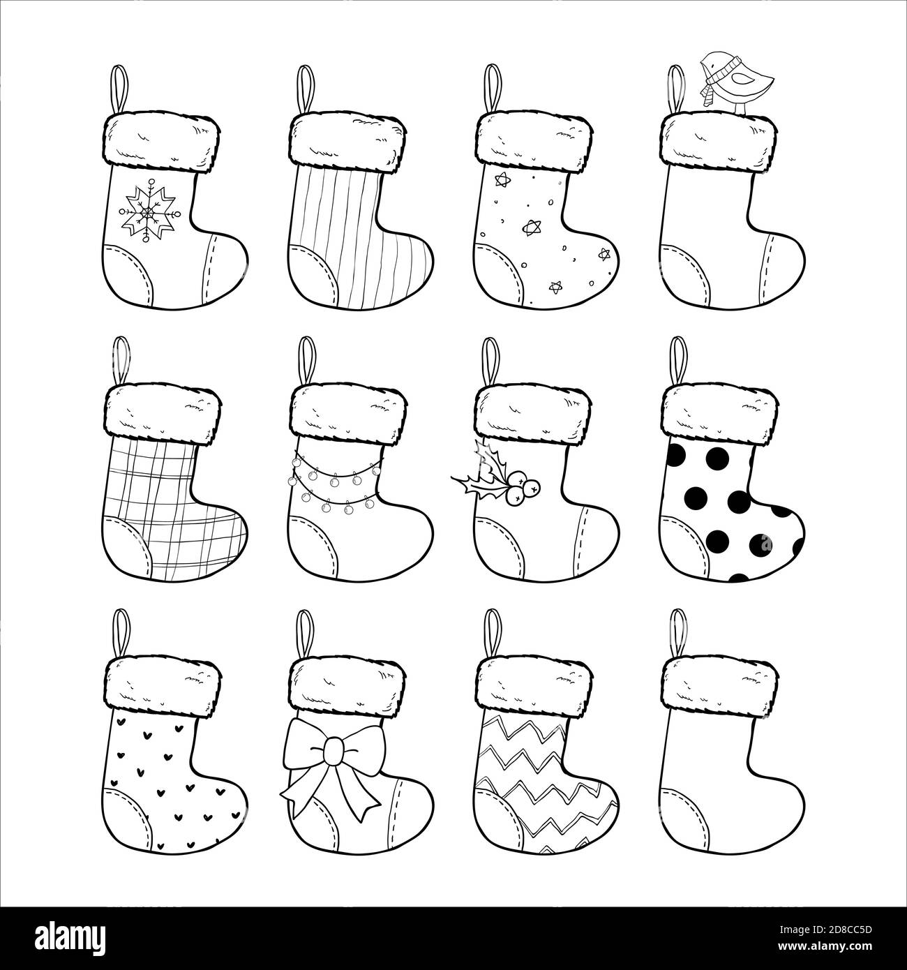Weihnachtsstrümpfe Set handgezeichnete Vektor-Illustration, schwarz und weiß. Sockenförmige Taschen. Verzierte Wintersocken, Weihnachtsgeschenke Stock Vektor