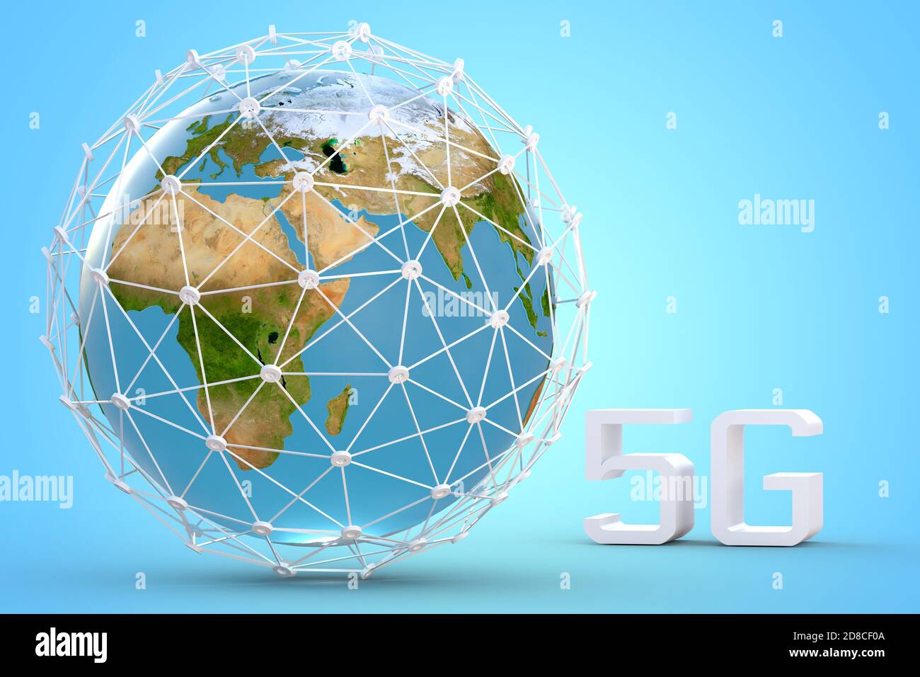 5G-Netzkonzept mit Erdkugel, High Speed, Breitband-Mobilfunk3d Illustration Stockfoto