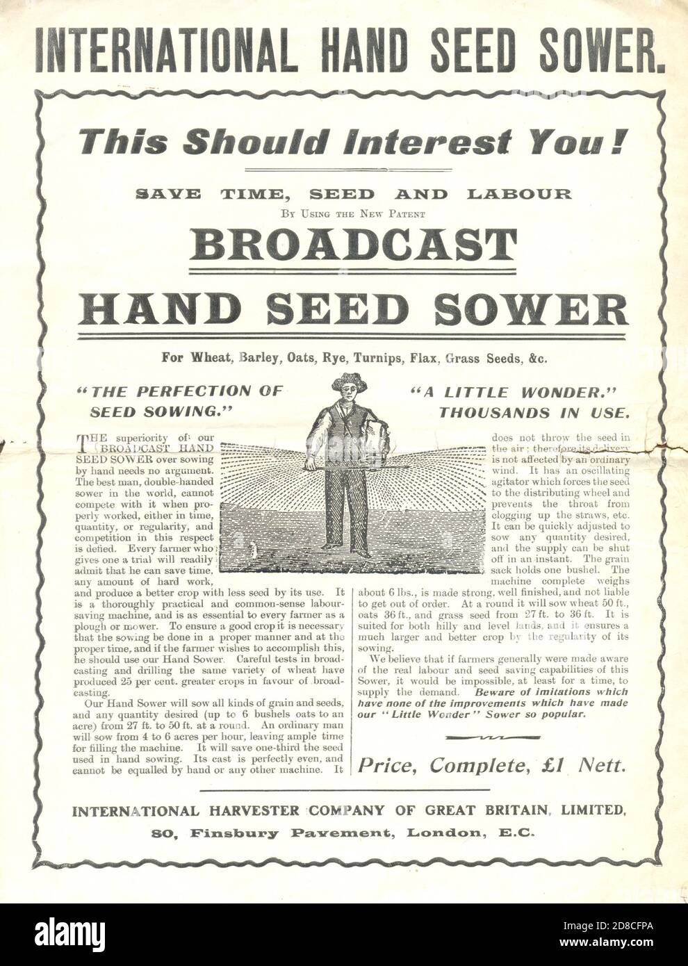 Werbehandzettel für den internationalen Hand Seed Sower 1885 Stockfoto