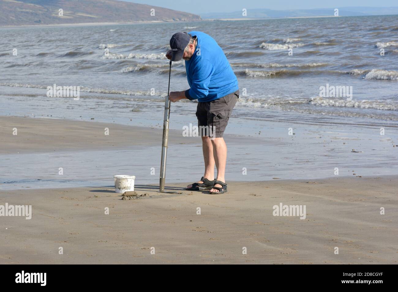 Mann mit einem Seefischen Köder Pumpe, um Lugworm zu finden Wisemans Bridge Beach Carmarthenshire Wales Großbritannien Stockfoto