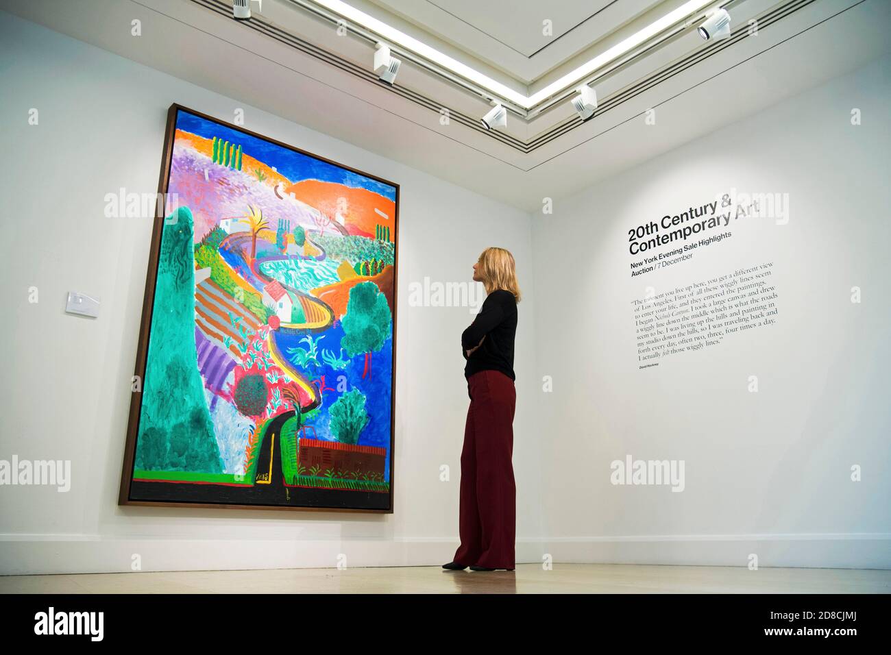 Global Chairwoman Cheyenne Westphal blickt auf den Nichols Canyon, eine Landschaft des Künstlers David Hockney, während einer Auktionsvorschau bei Phillips in London. Das Gemälde wird voraussichtlich für 35 Millionen US-Dollar im 20. Jahrhundert von Phillips und im Abendverkauf für zeitgenössische Kunst in New York am 7. Dezember verkauft. Stockfoto