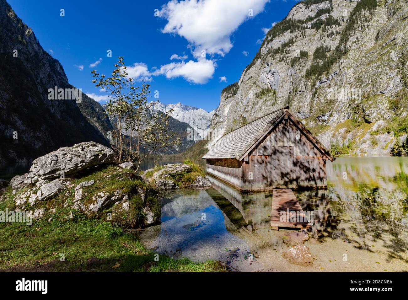 Bootshaus am Obersee im Berchtesgadener Land, Bayern, Deutschland. Stockfoto