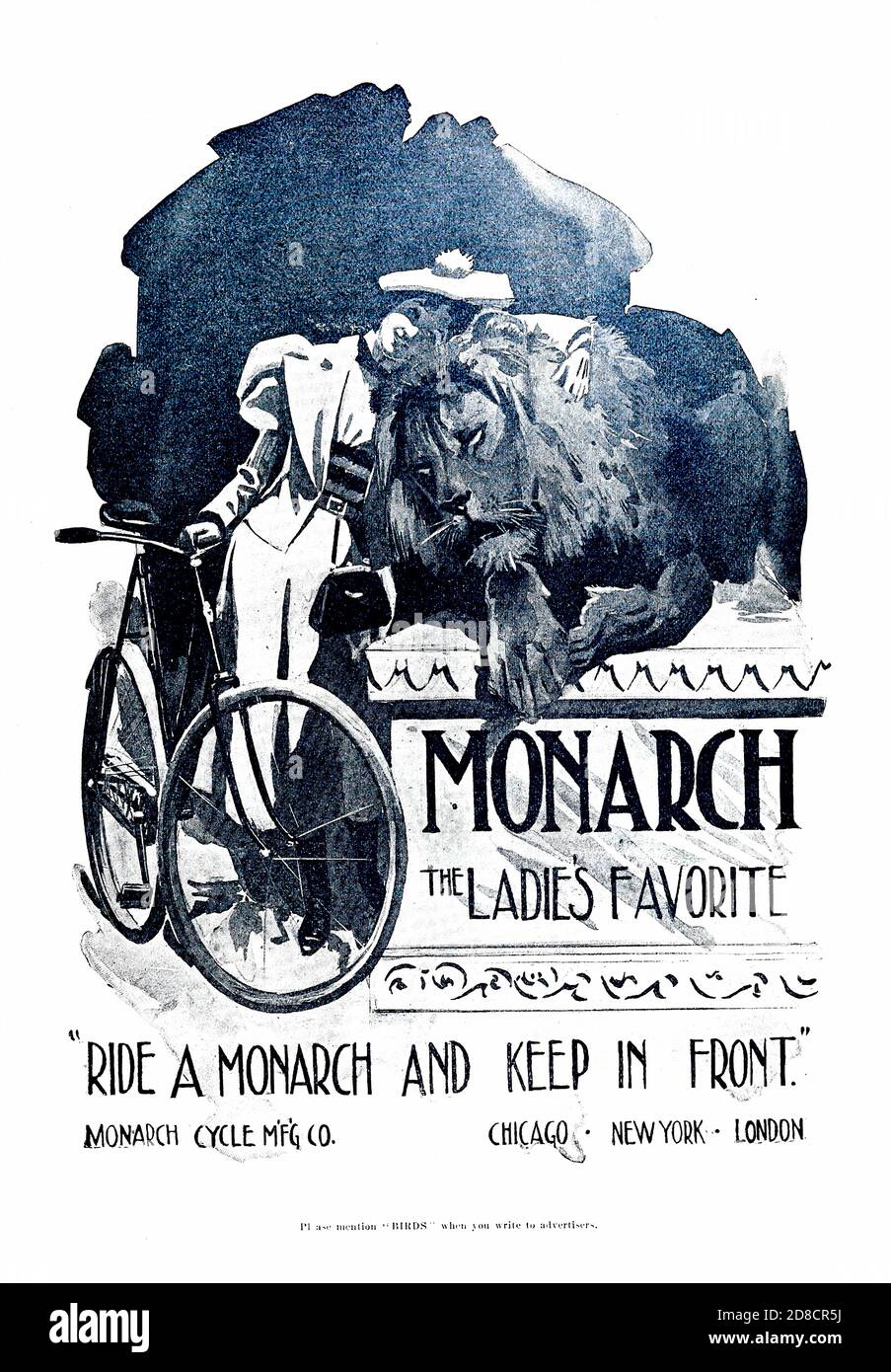 Monarch Bicycles, der Liebling der Damen - Ride a Monarch and Keep in Front Anzeige der Monarch Cycling Mfg Co. Erschien in einem monatlichen Magazin namens "Birds : Illustrated by color Photography" eine monatliche Serie. Kenntnisse des Vogellebens im Jahr 1897. Stockfoto