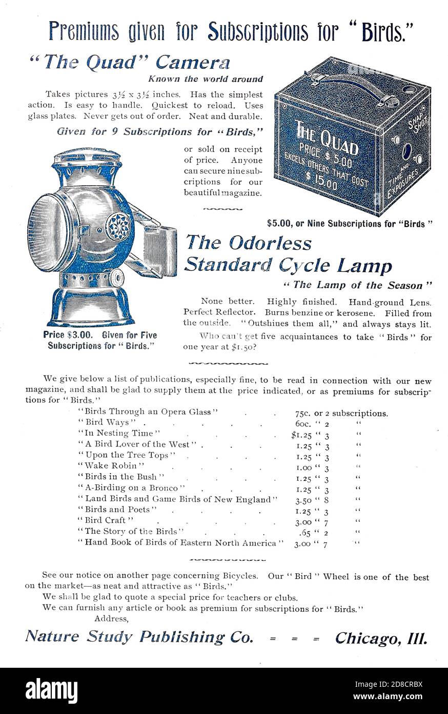 Anzeige für die Quad-Kamera oder Cycle Lamp als Abo-Geschenke erschien in einem monatlichen Magazin namens 'Birds : Illustrated by color Photography' eine monatliche Serie. Kenntnisse des Vogellebens im Jahr 1897. Stockfoto