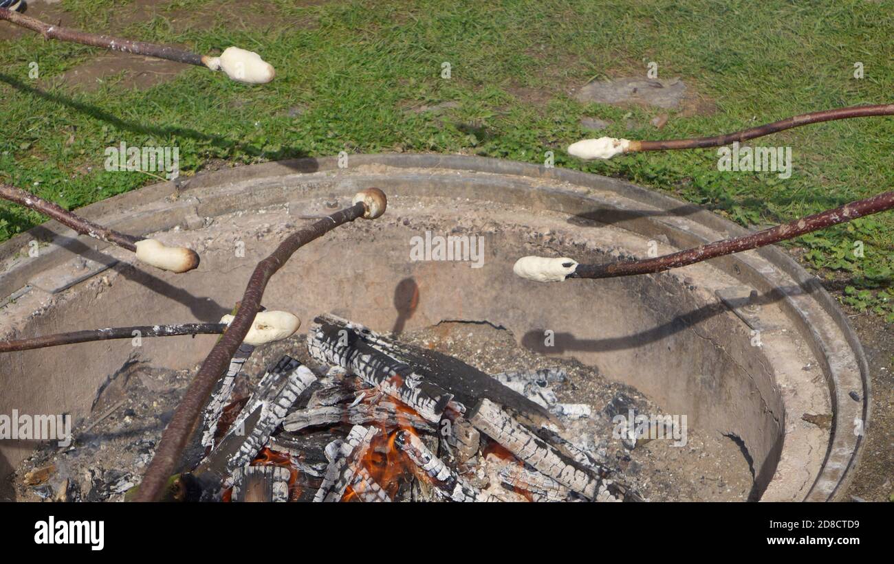 Kinder backen Brot am Lagerfeuer, Deutschland Stockfoto