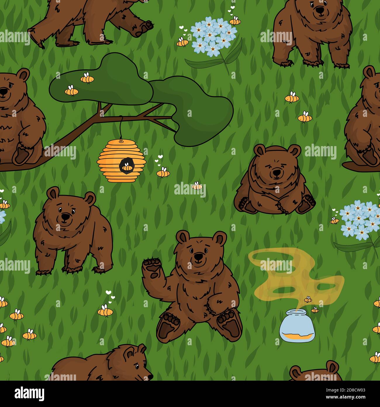 Nahtlose Wiederholung Muster von Hand gezeichneten Bären, der geht und sitzt, Honig, vergessen mich nicht, Bienenstock, Geruch von Honig, Baum, Zweig und Bienen Stock Vektor