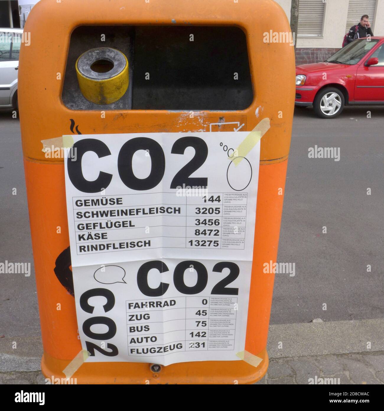 Info-Schilder über CO2-Emissionen von Lebensmittelproduktion und Verkehr, Deutschland Stockfoto