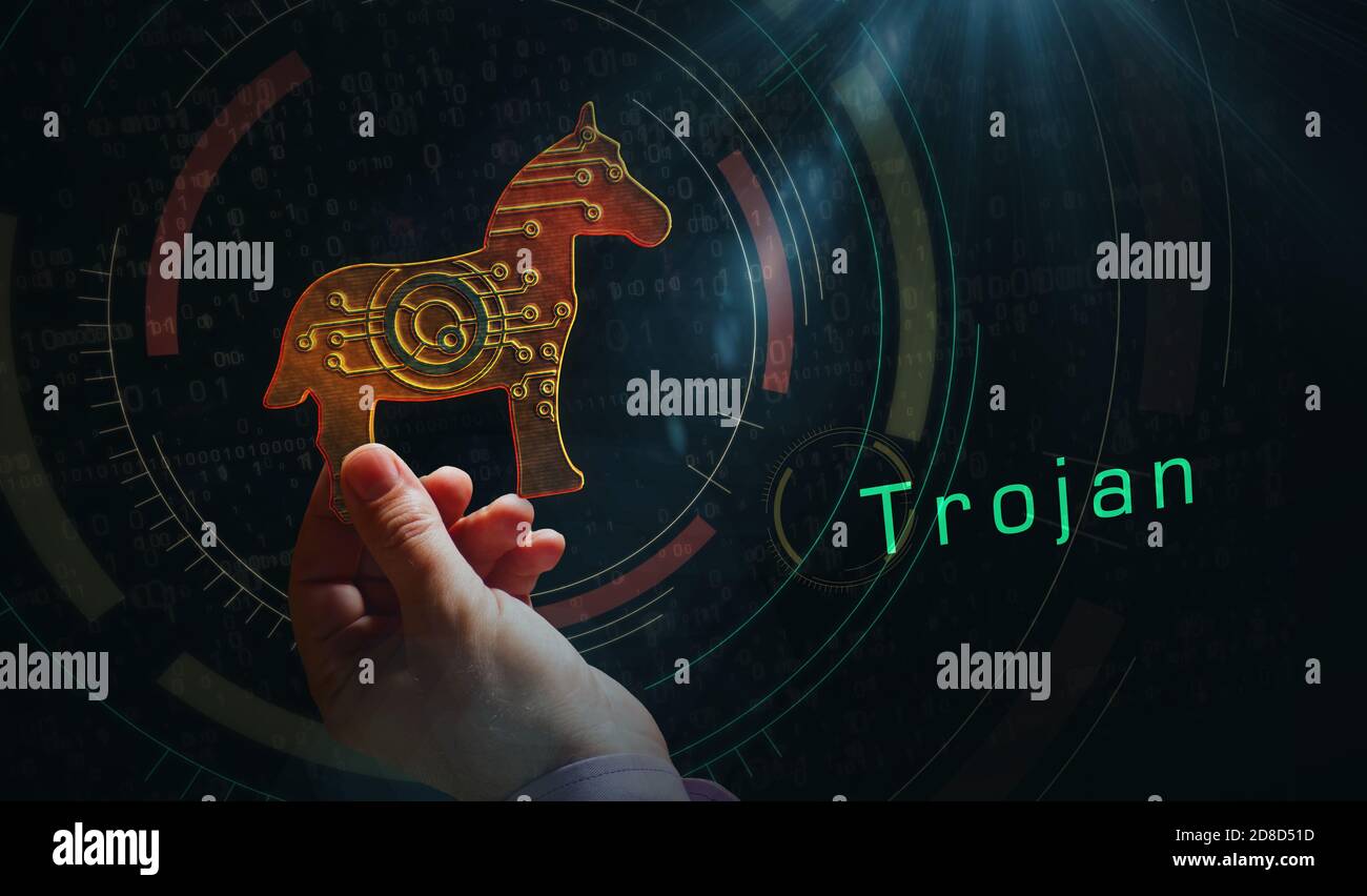 Symbol für Trojaner, Computerviren, Cybersicherheit, Malware, Kriminalität und Spionagesoftware. Abstrakte 3d Symbol Konzept Rendering Illustration. Stockfoto