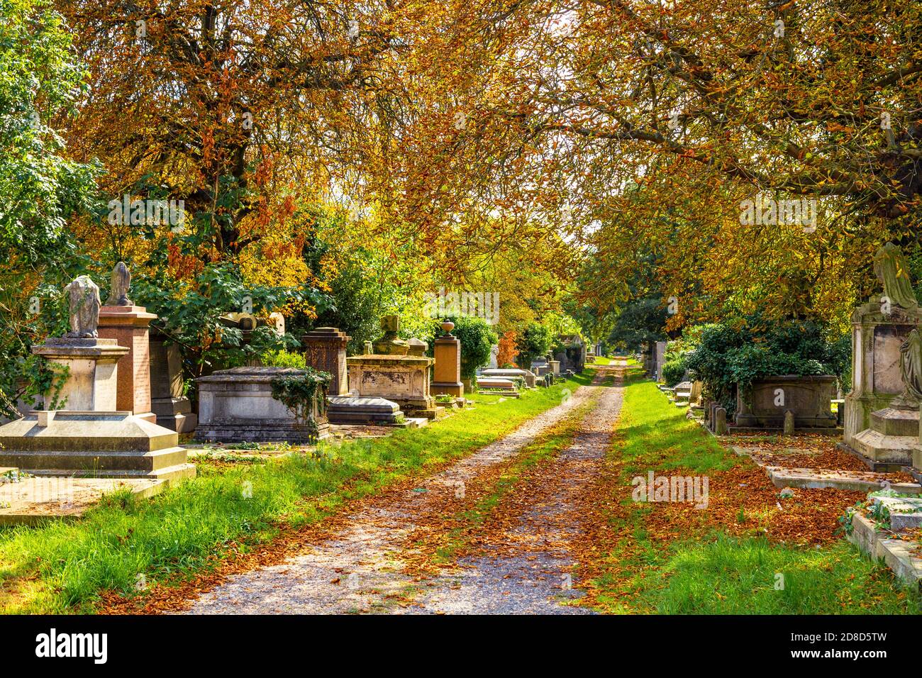 Gasse mit Brustgräbern auf dem Kensal Green Cemetery im Herbst, London, Großbritannien Stockfoto