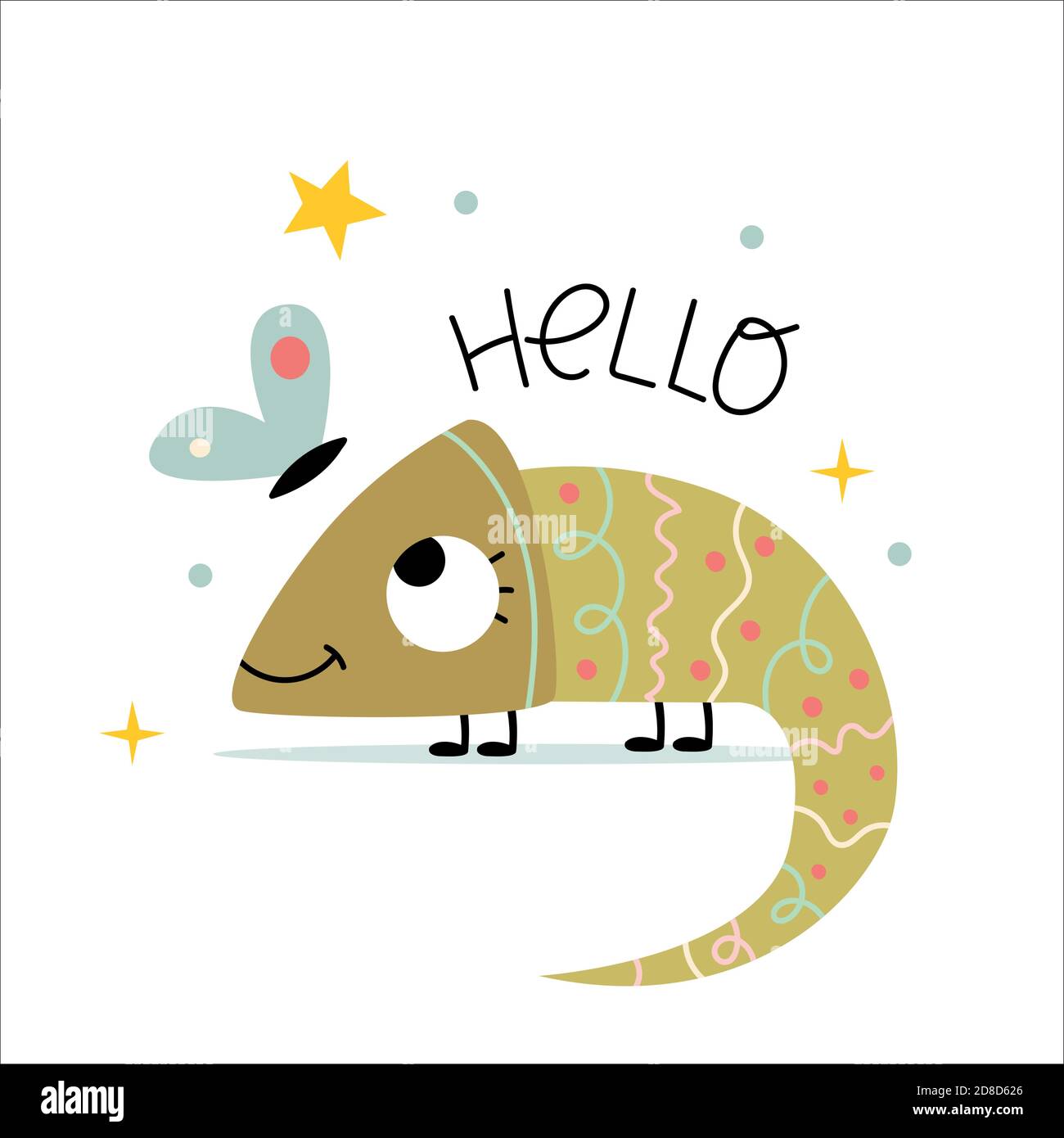 Niedlicher Gecko sagt "Hallo" zu einem Schmetterling. Lustige Bild in einem einfachen Stil. Illustration für Kinderbuch. Niedliches Poster. Stock Vektor