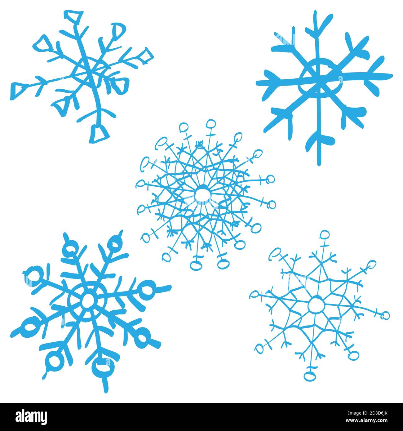 Blaue handgezeichnete Schneeflocke isoliert auf weißem Hintergrund. Flache Ikone mit weihnachten und Winter Thema. Einfache Schnee Symbol Illustration. Stock Vektor