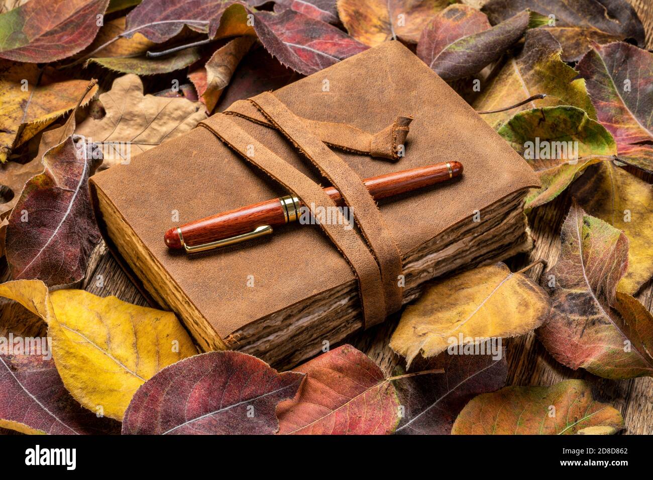 Antikes ledergebundenes Journal mit dekorierter Kante handgefertigte Papierseiten und ein stilvoller Stift auf einem rustikalen Holztisch mit getrockneten Blättern, Journaling-Konzept Stockfoto