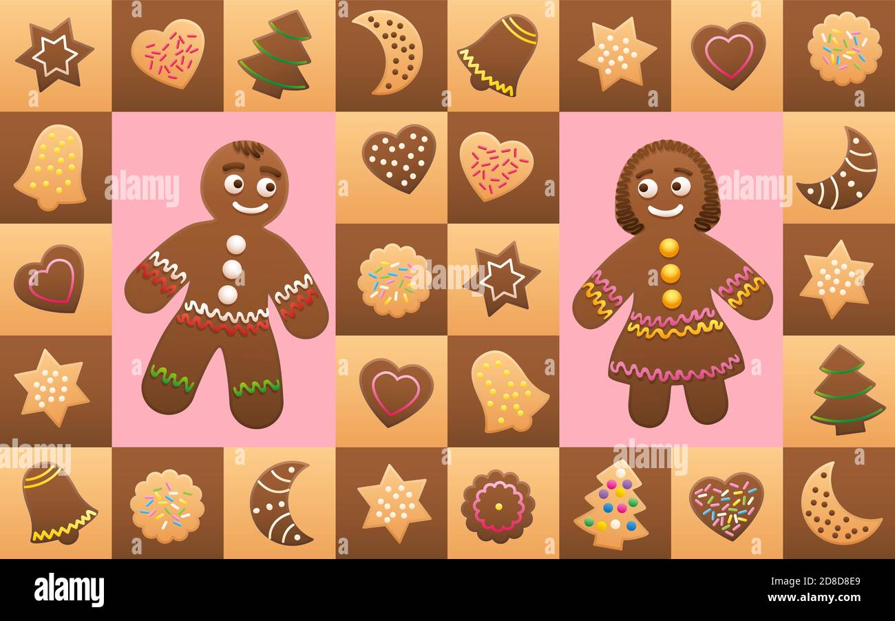 Weihnachtsplätzchen mit Lebkuchen Mann und Frau verliebt - Cookies und Symbole, typische Formen wie weihnachtsbäume, Herzen, Sterne, Monde, Glocken. Stockfoto