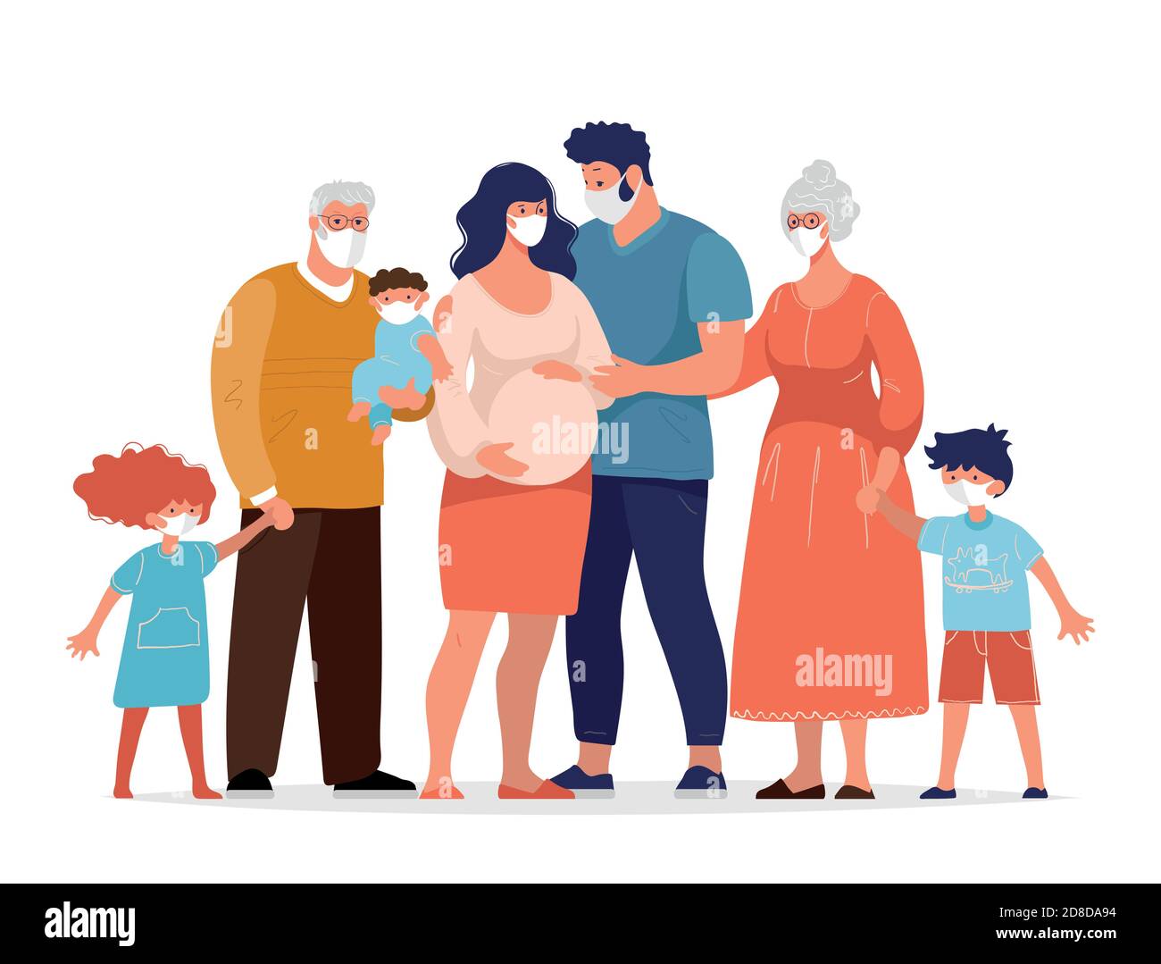 Zum Schutz vor dem Coronavirus verwendet die Familie medizinische Masken. Schwangere Frau mit ihrem Mann, Kinder, Großeltern gegen die Ausbreitung des Coronavirus. Flache Cartoon-Vektor-Illustration Stock Vektor