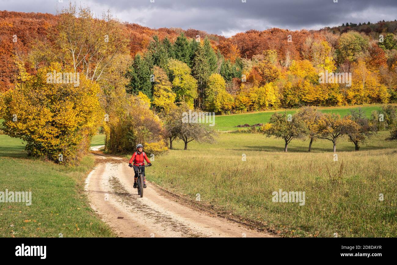 Sympathische aktive Seniorin, die mit ihrem Elektro-Mountainbike in den goldfarbenen Herbstwäldern der Schwäbischen Alb fährt Stockfoto