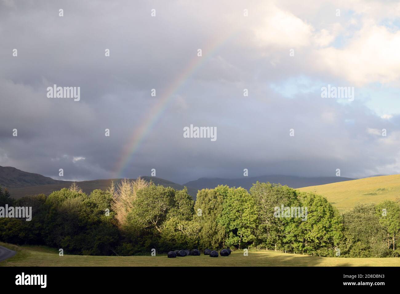 Ein Regenbogen, der im Sommer in einem schottischen tal gesichtet wird Abend nach dem Regen Stockfoto