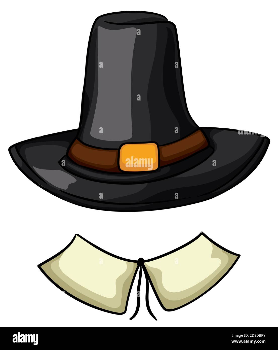 Koloniales Pilgerkostüm mit traditionellem dunklen Hut mit Gürtel, Schnalle und Kragen mit Kordel. Stock Vektor